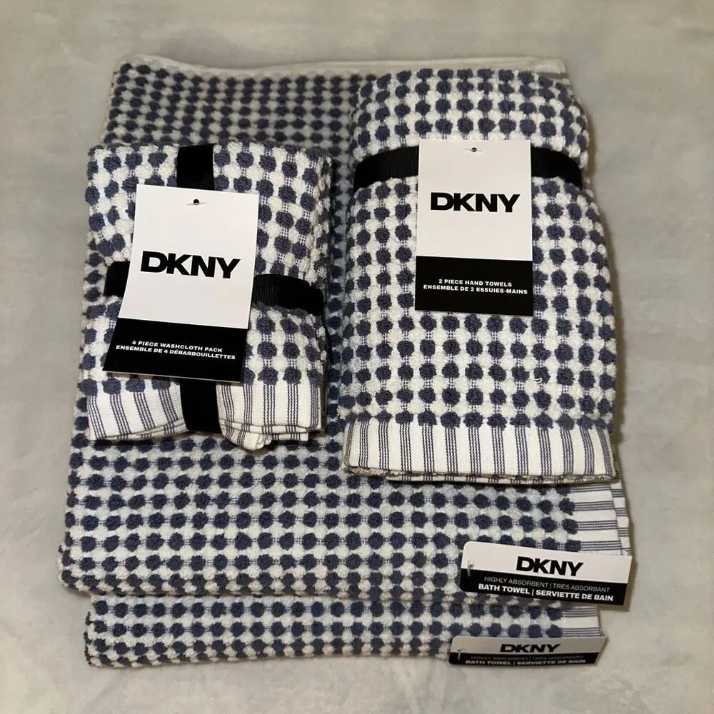 DKNY Bath Towel Set Dusty Navy Blue White Pattern 8 Pieces Total NWT